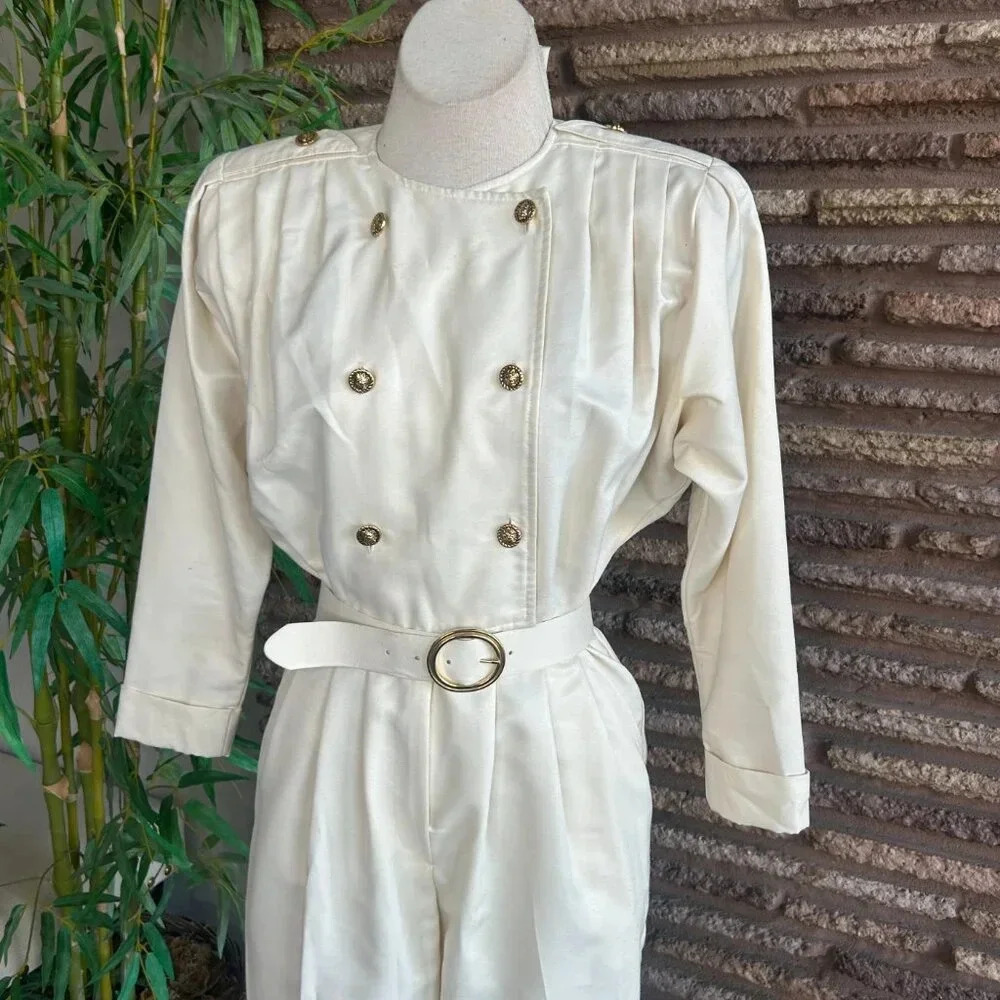 Fauroche by Lori Weidner Vintage 80s Cream Military Jumpsuit Gold Buttons Size 5 - Picture 10 of 12